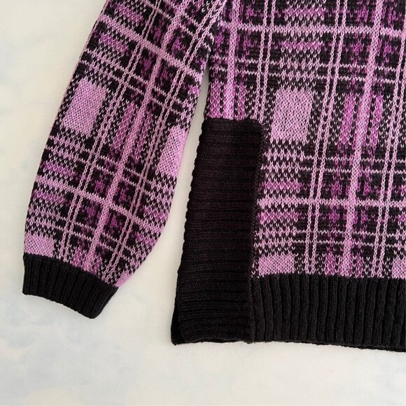 Nine West Purple & Black Plaid Knit Balloon Sleeve Mock Turtleneck Sweater - Picture 4 of 8